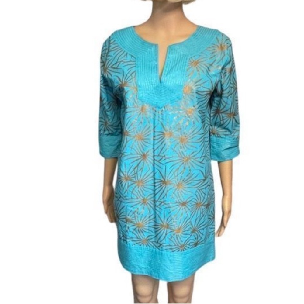 Gretchen Scott Designs M Medium 3/4 Sleeve Sheath Dress Blue Green Gold Cotton
